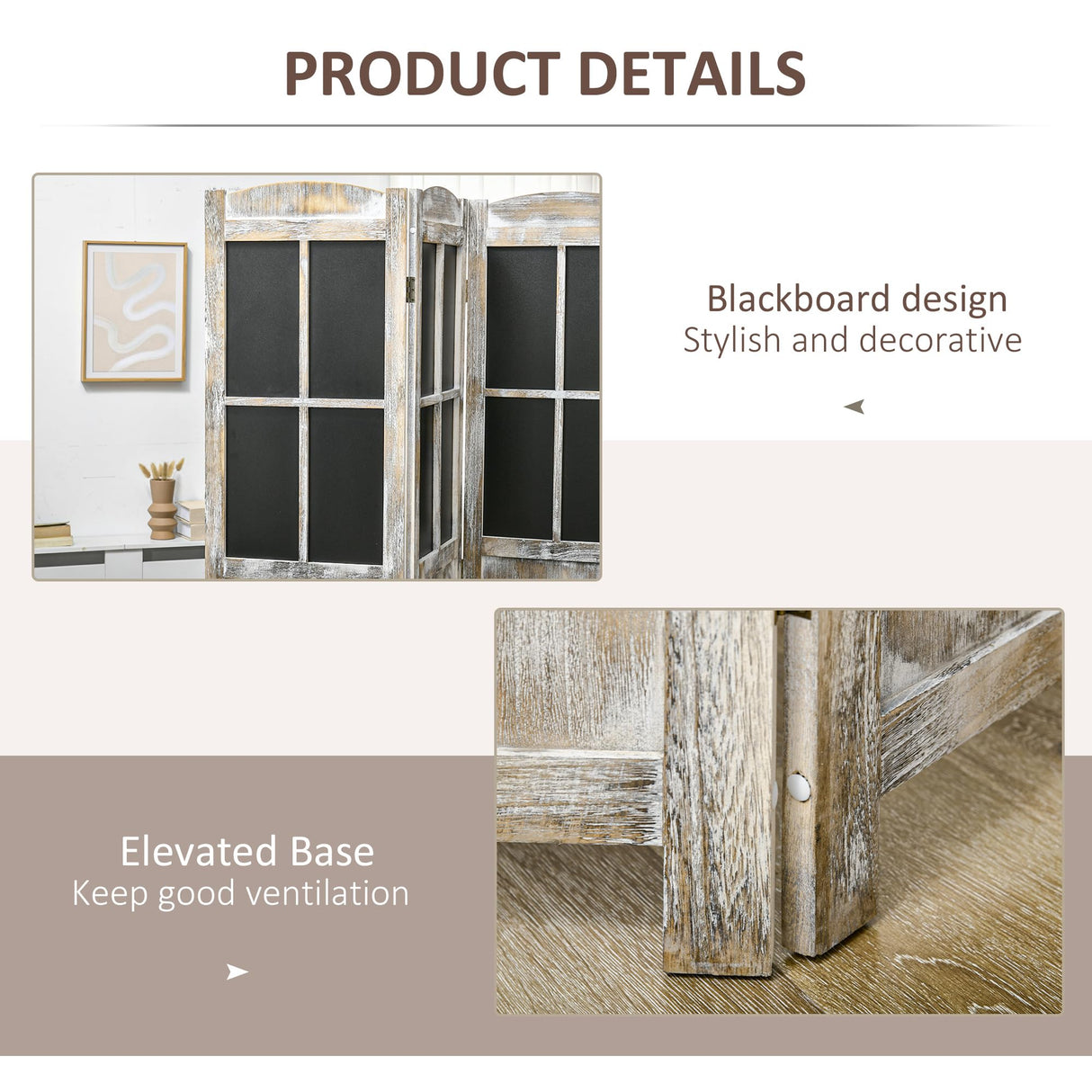 HOMCOM 4 Panel Room Divider, 5.6' Tall Farmhouse Style Folding Indoor Portable Wood Privacy Screen with Black Boards, Hinged Freestanding Partition Wall Dividers for Home Office, Natural HOMCOM