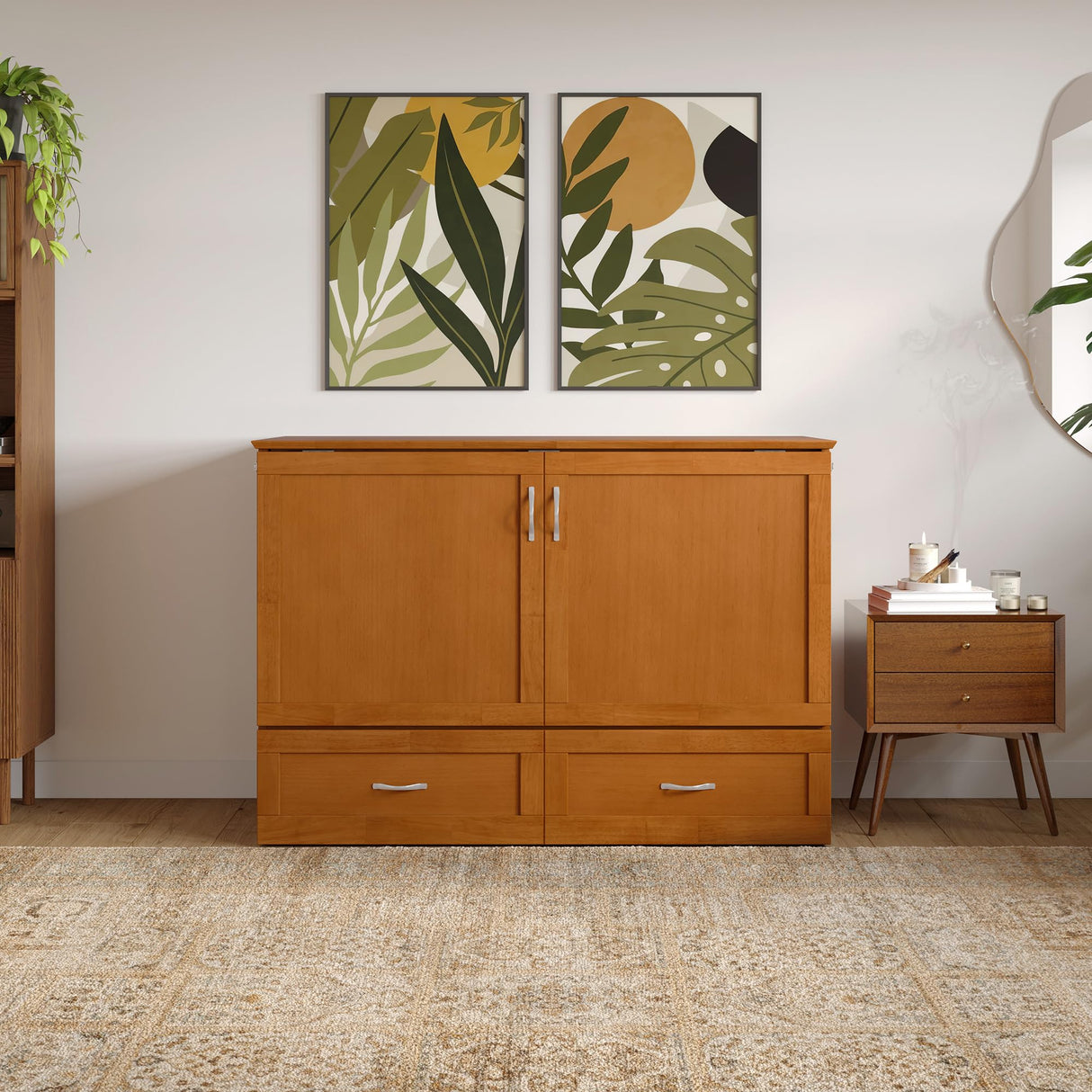 AFI Hamilton Full Murphy Bed Chest with Mattress, Storage, and Built-in Charger in Light Toffee AFI
