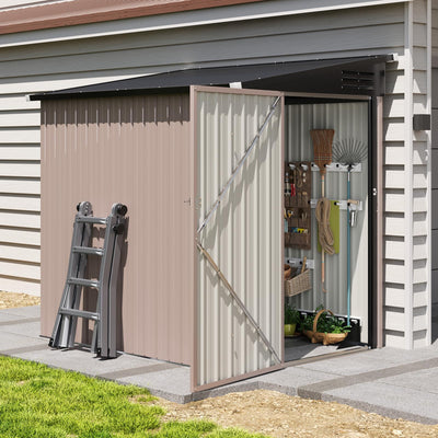 Breezestival 6'x4' Lean to Shed Galvanized Steel Storage Sheds with Side Door Waterproof Utility Shed with Sloped Roof for Mower, Bike, Garden Tools (Brown)