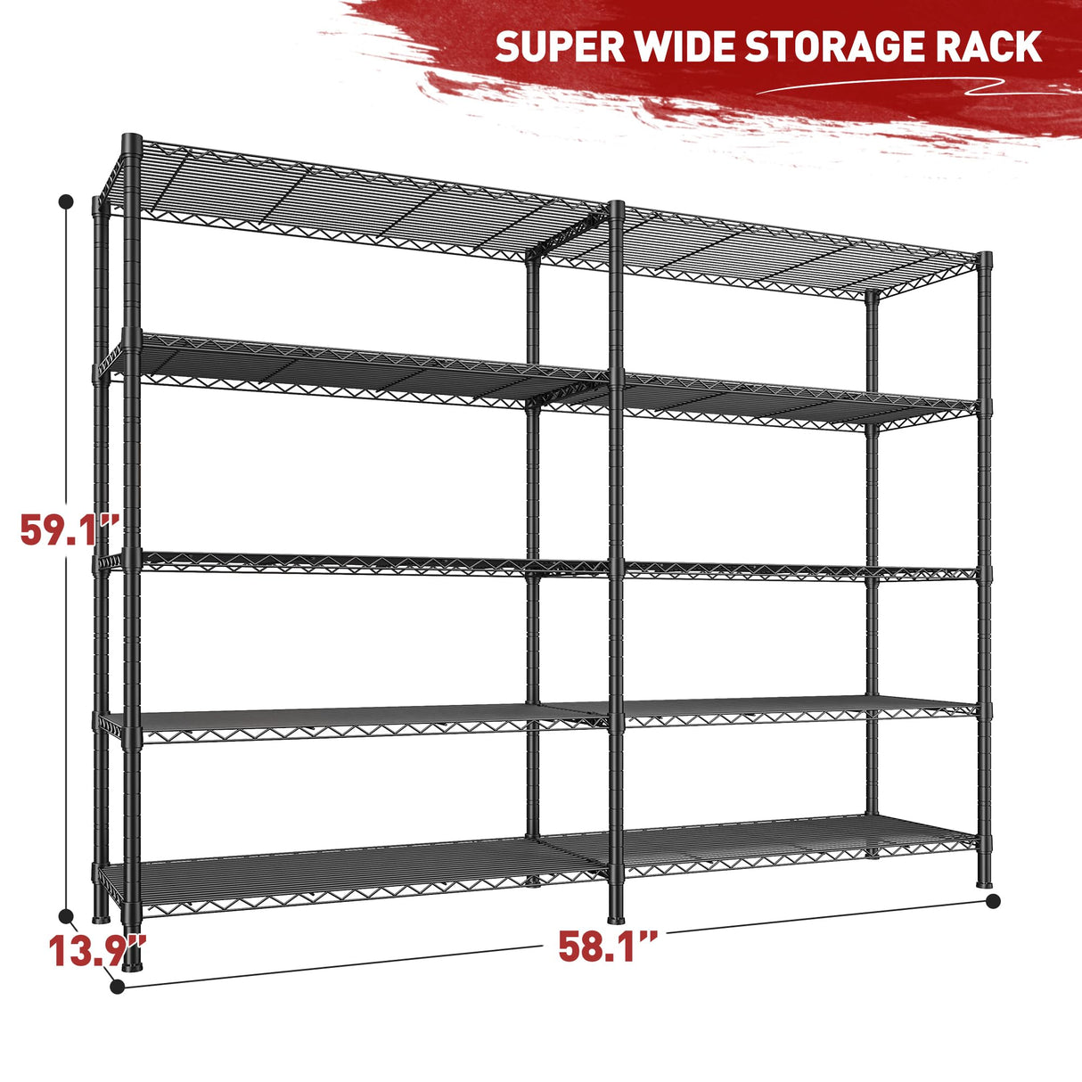 REIBII REIBII1450LBS Metal Shelving Unit Storage Shelves 5 Tier Wire Shelving 58.1''W Pantry Shelves Wire Shelf Adjustable Garage Shelving Heavy Duty Storage Rack for Pantry Kitchen Garage, Black REIBII