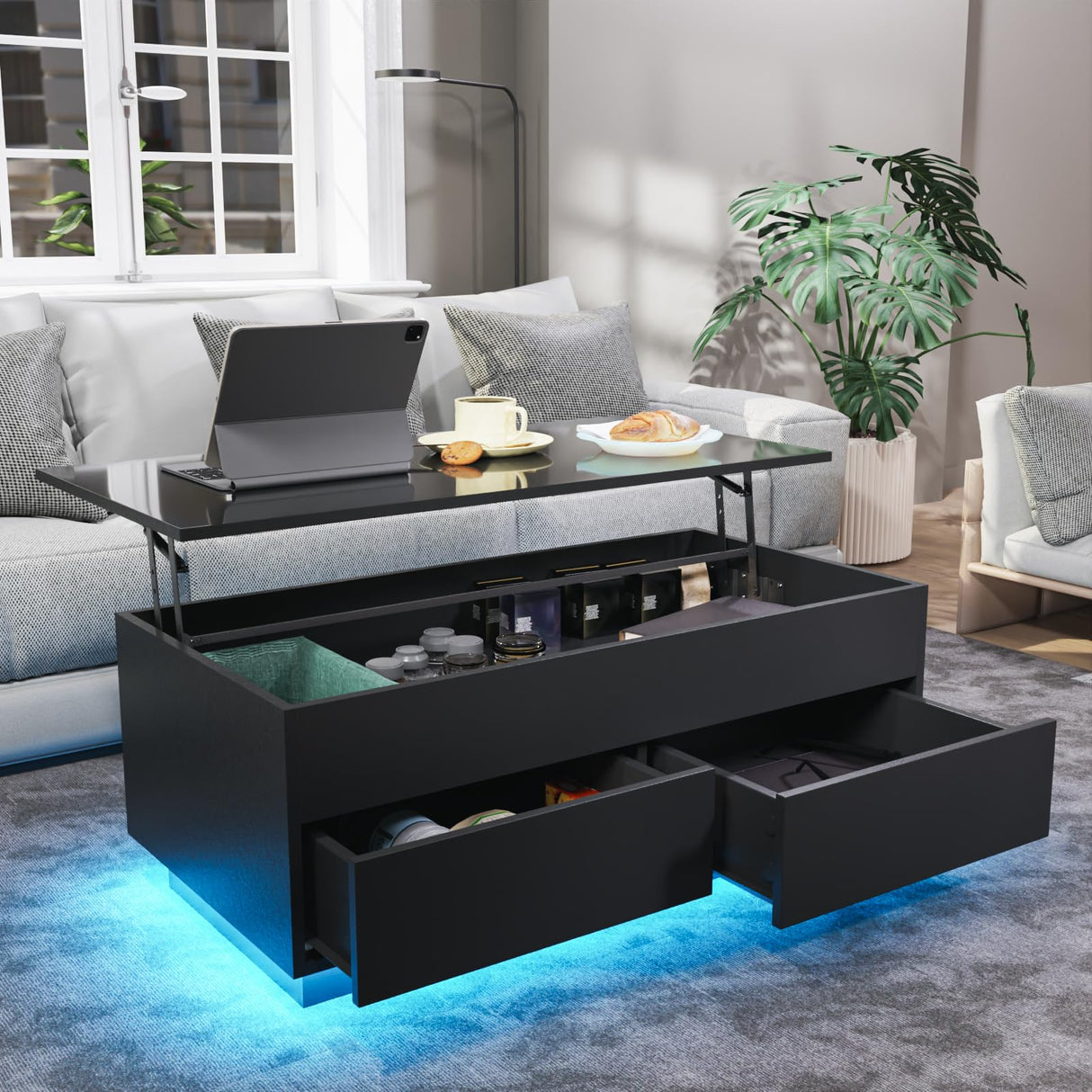LED Coffee Table with Lift Top Morden Coffee Table with Storage High Gloss Black Sofa Table for Living Room Center Tables Hidden Compartment & 2 Drawers HOMMPA