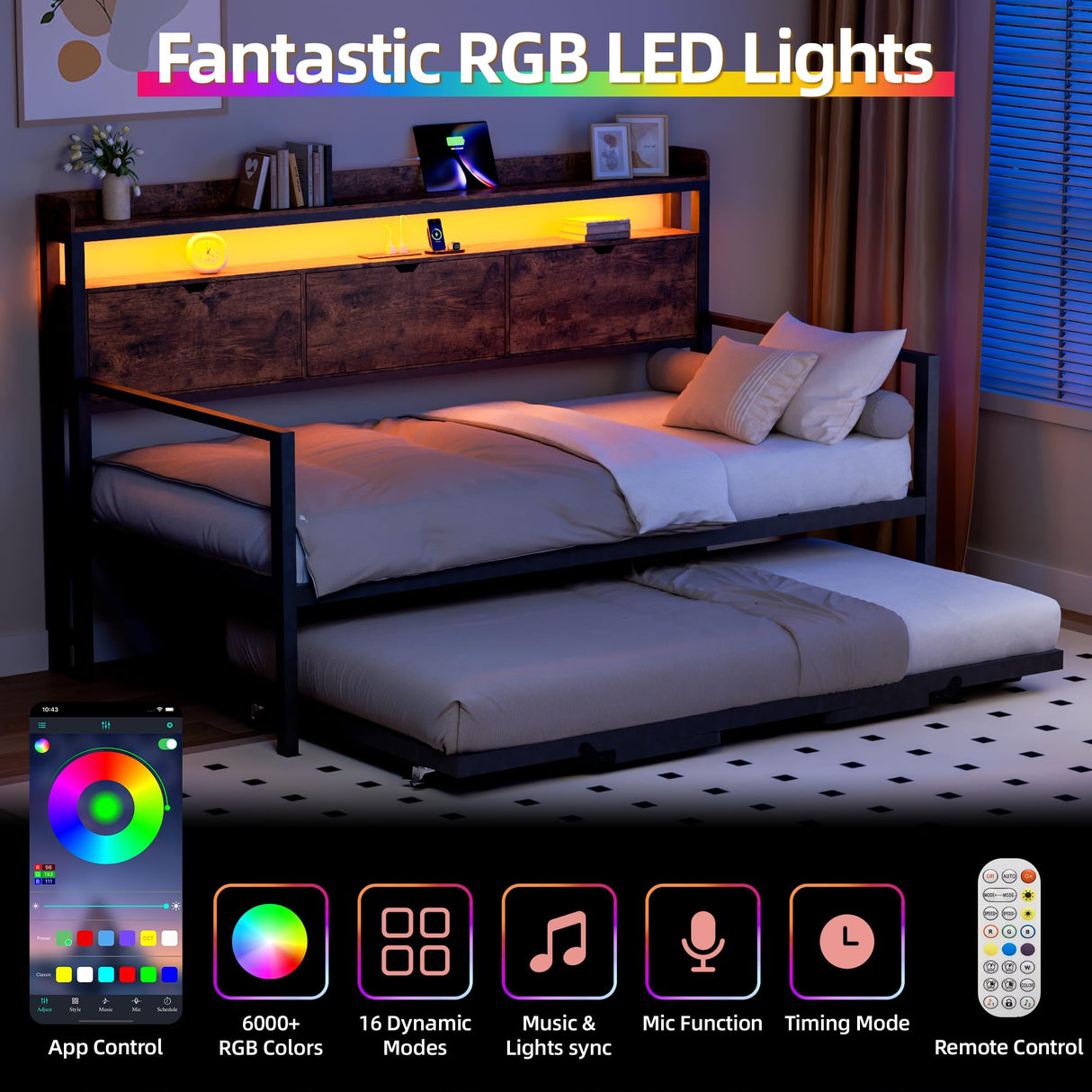 Betterhood Daybed with Trundle, Twin to King Bed Daybed Trundle Bed, Heavy Duty Metal Bed Frame with Storage Headboard & Charging Station, Day Bed Frame for Living Room Bedroom Guest Room Betterhood