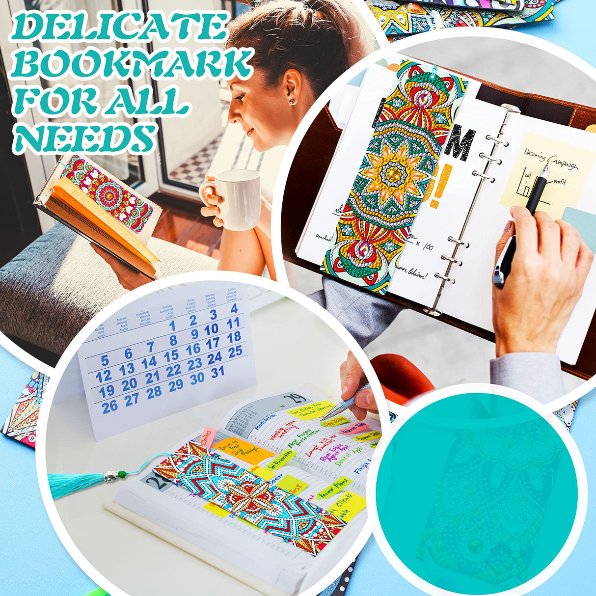 Zonon 8 Pcs Diamond Painting Bookmarks 5D Floral Art Painting Bookmarks PU Leather DIY Mandala Style Study Supplies with Tassels for Adults Gift Crafts Zonon