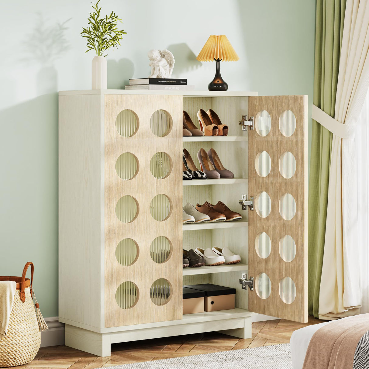 Tribesigns Shoe Cabinet with Adjustable Shelves: Modern Storage Buffet Cabinet with Acrylic Doors and LED Light, 5-Tier Wood Shoe Storage Organizer for Entryway, Living Room, Beige and Natural Wood Tribesigns