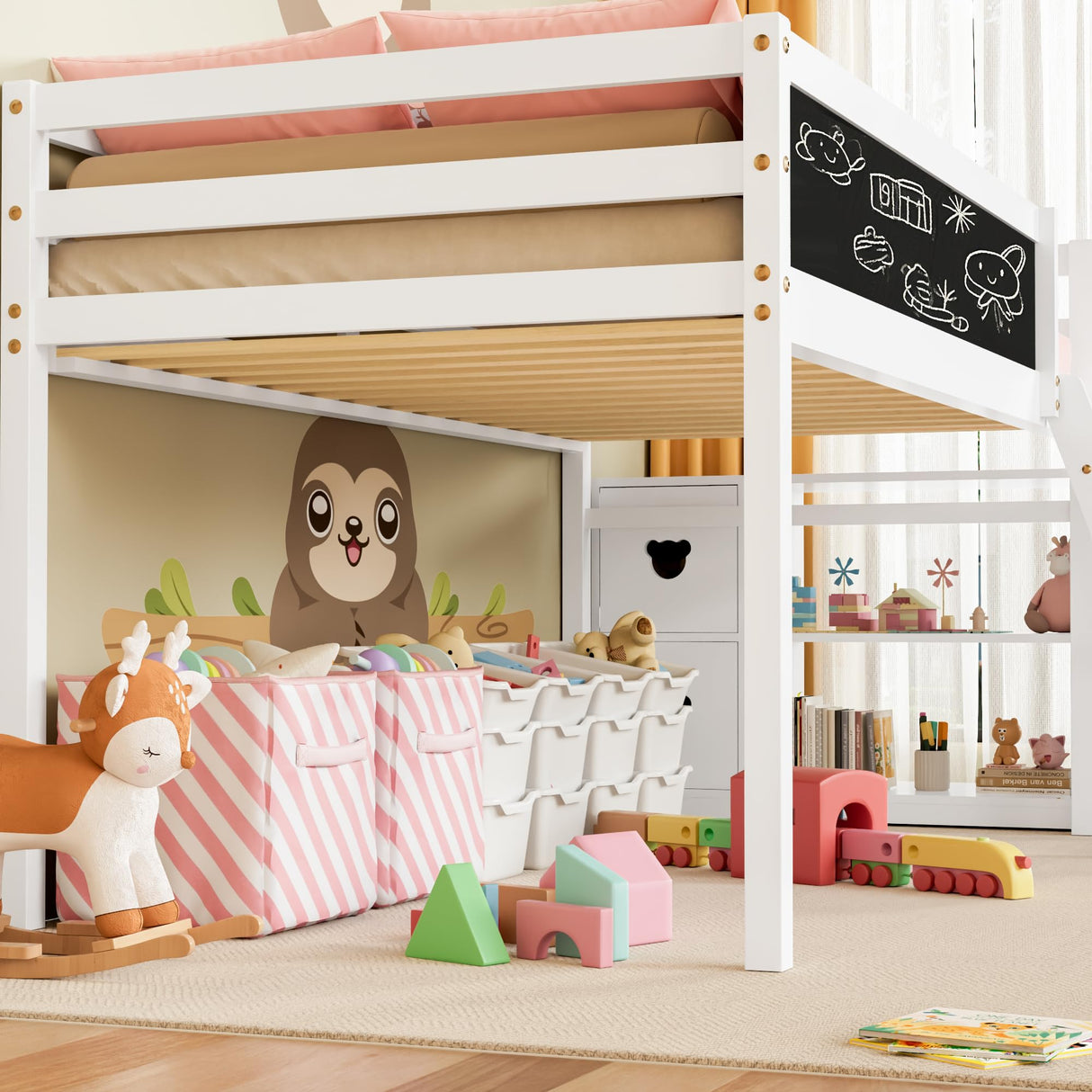 TOLEAD Low Loft Bed with Desk, Solid Wood Twin Low Loft Bed with Storage Cabinet, Blackboard, Ladder and Guardrail for Kids Juniors Boys Girls, No Box Spring Needed, White TOLEAD