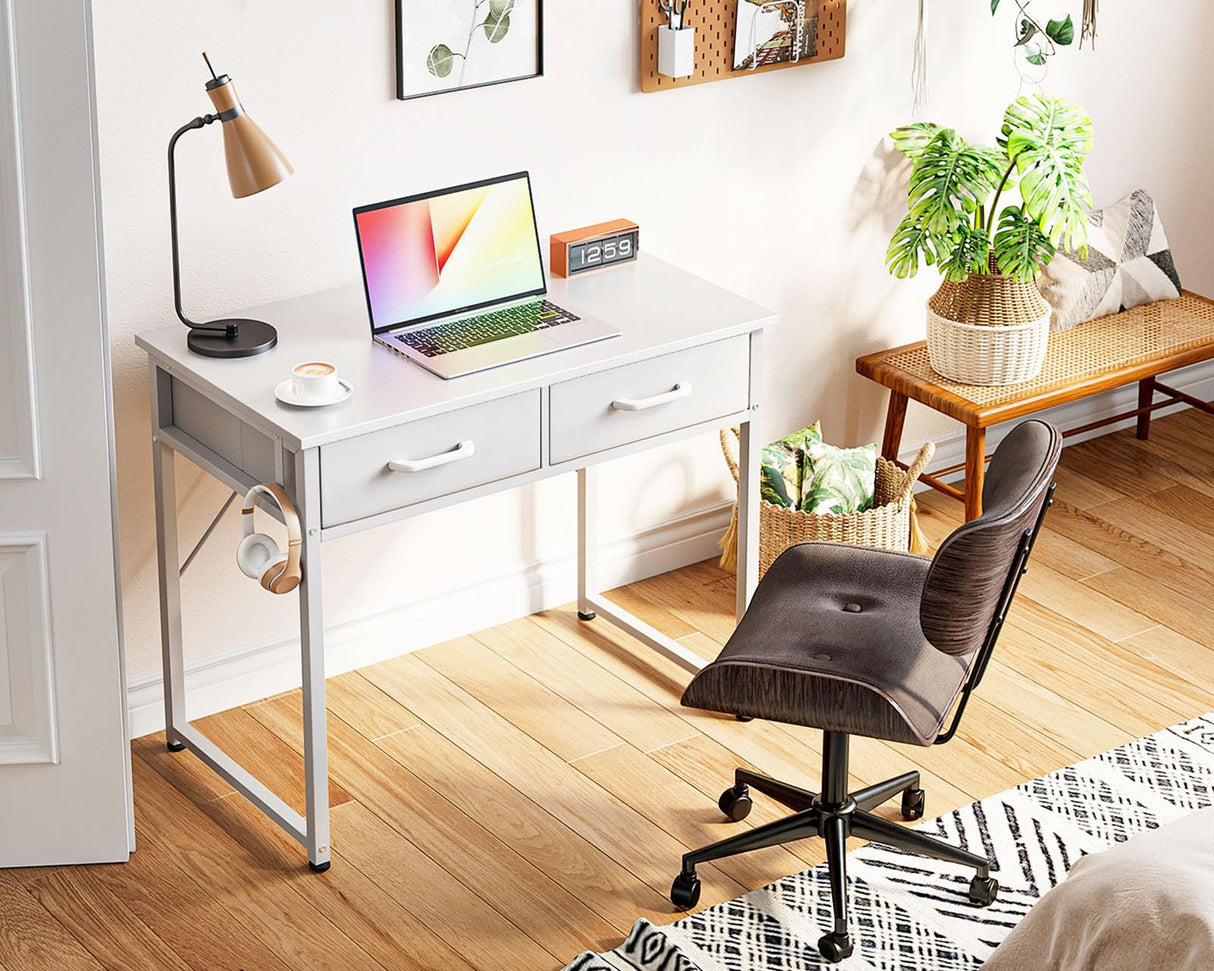 ODK Small Desk with Fabric Drawers- for Bedroom, White Vanity Desk with Storage, Home Office Computer Desk for Small Spaces, 32 Inch Modern Work Writing Study Table, White ODK