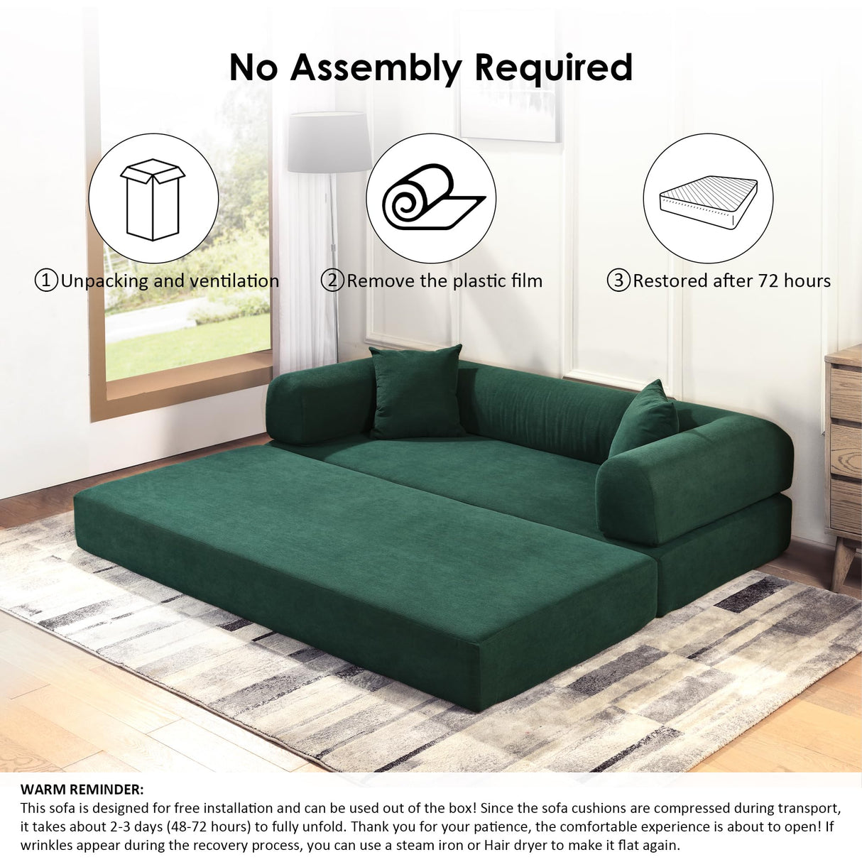 80" Convertible Sofa Bed, 3-in-1 Corduroy Folding Pull Out Couch with Pillows, No Assembly Modern Boneless Couch Compression Sofa in Box, Floor Sofa with Side Storage Pocket for Living Room,Dark Green Zyerch