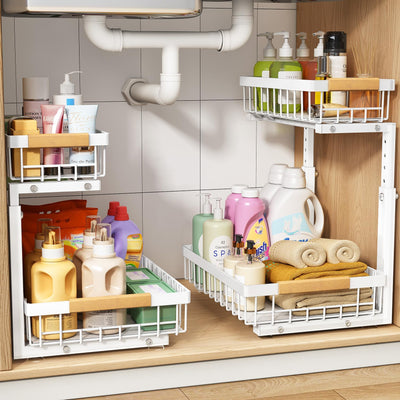 PXRACK 2 Pack Under Sink Organizer,Adjustable Height,2 Tier Pull Out Under Cabinet Organizer,Slide Out Thickened Metal Under Sink Storage for Kitchen Bathroom Laundry Cabinet Pantry,White
