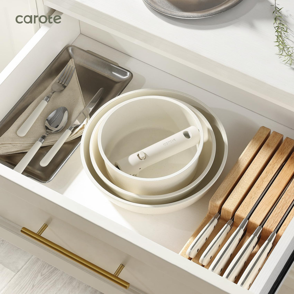 CAROTE 23pcs Pots and Pans Set Non Stick, Cookware Sets, Kitchen Set, Oven/Dishwasher/Fridge Safe, Space Saving Pots Set, Nonstick Set with Versatile Detachable Handle, Induction RV Set, Cream CAROTE