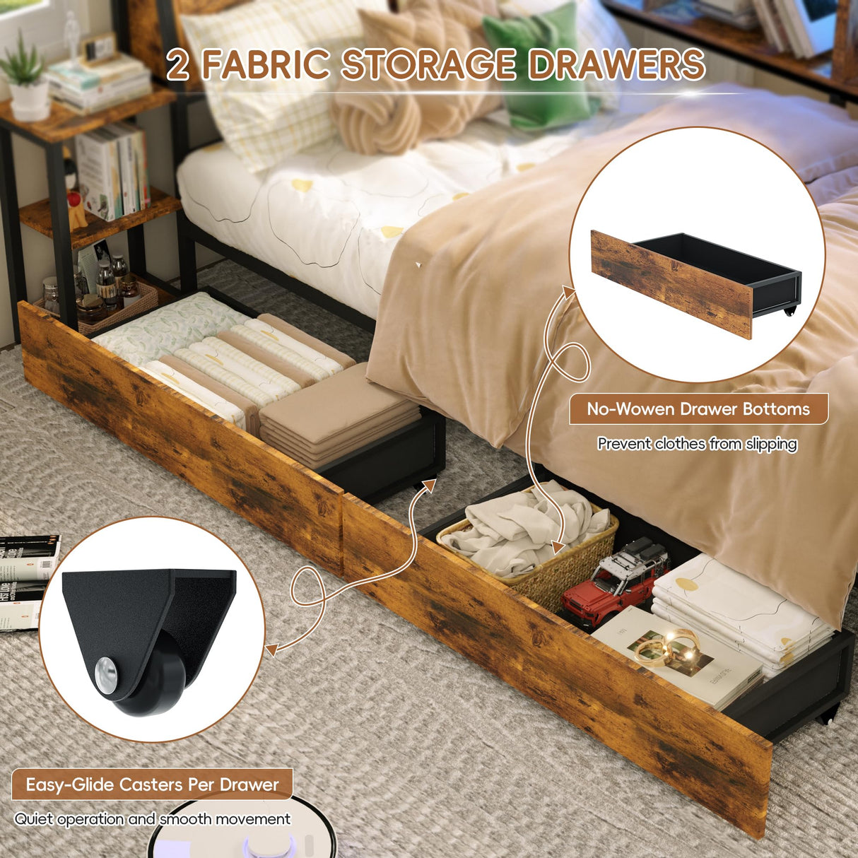 eMAIDE Corner Bed Frame with Storage Bookcase & Bedside Rack, Twin Size Metal Platform Bed Frame w/Drawers, Twin Daybed with Led Lights & Charging Station for Living Room, Bedroom & Guest Room, Brown eMAIDE