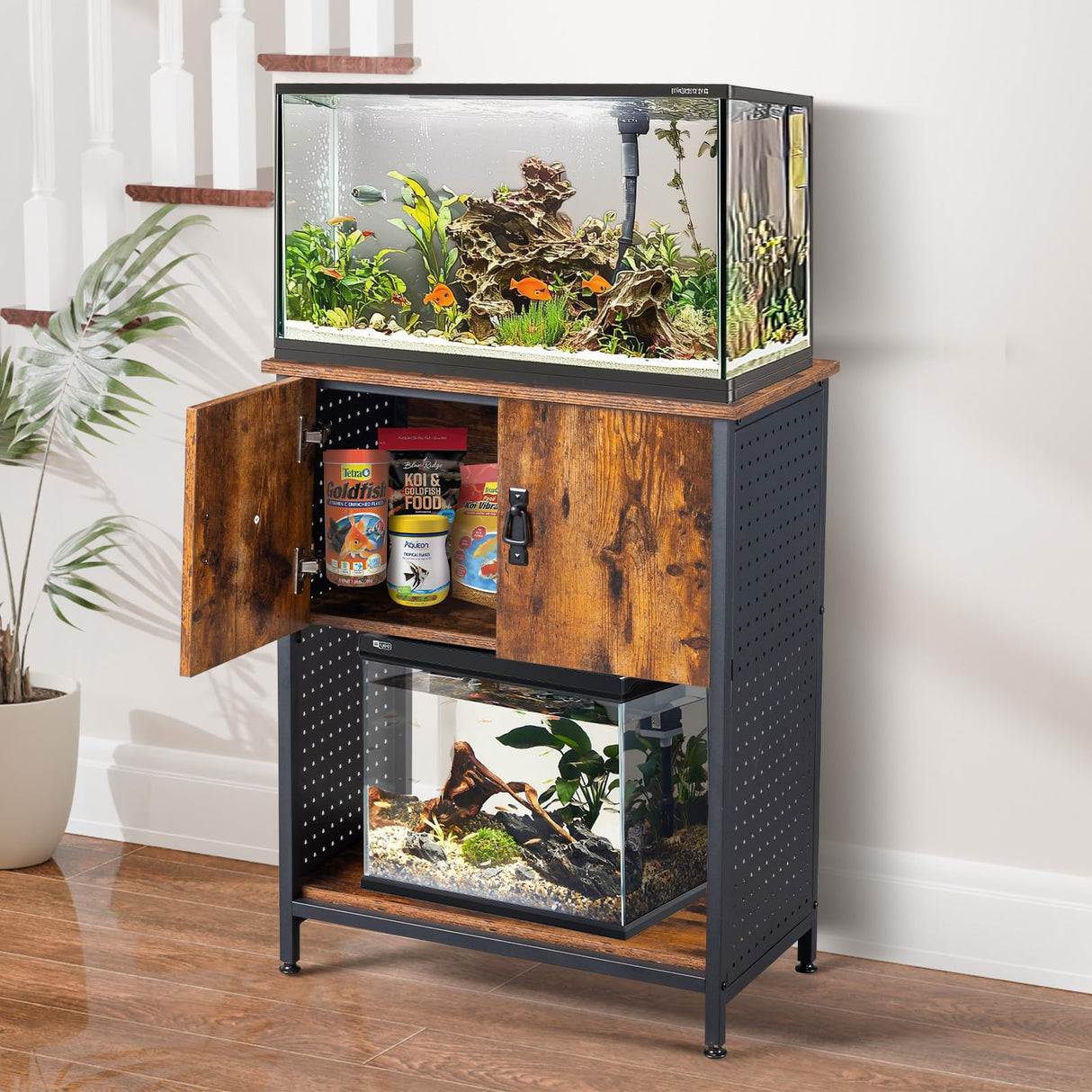 VINGLI 20 Gallon Fish Tank Stand, Metal Frame Aquarium Stand with Cabinet for Double Fish Tank & Accessories Storage, 25.99" L* 13.78" W Tabletop, 550 LBS Capacity, Rustic Brown VINGLI