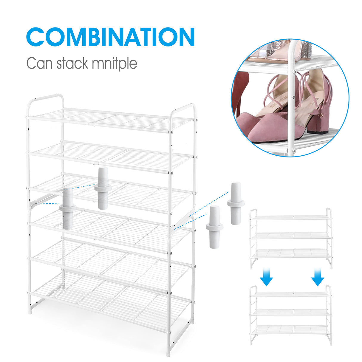 Simple Trending 3-Tier Stackable Shoe Rack, Expandable & Adjustable Shoe Shelf Storage Organizer, Wire Grid, White Simple Trending