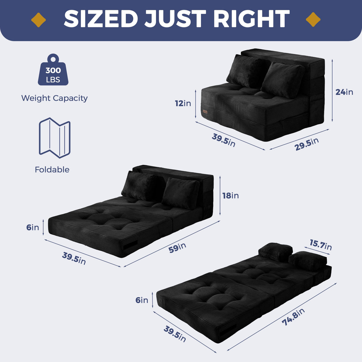 MAXYOYO Convertible Sofa Bed, Fold Out Loveseat Sleeper Sofa with Pillow, 4 in 1 Tufted Folding Couch Bed Foam Floor Couch, Lazy Chair for Living Room Bedroom Guest Room, Black MAXYOYO