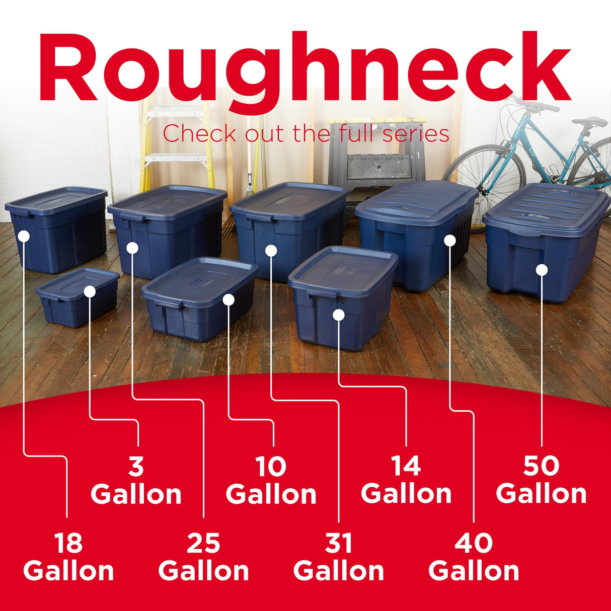 Rubbermaid Roughneck Tote 18 Gal, 6 Pack, Made in USA, Dark Indigo Metallic, Rugged Plastic Stackable Storage Bins with Lids and Handles Rubbermaid