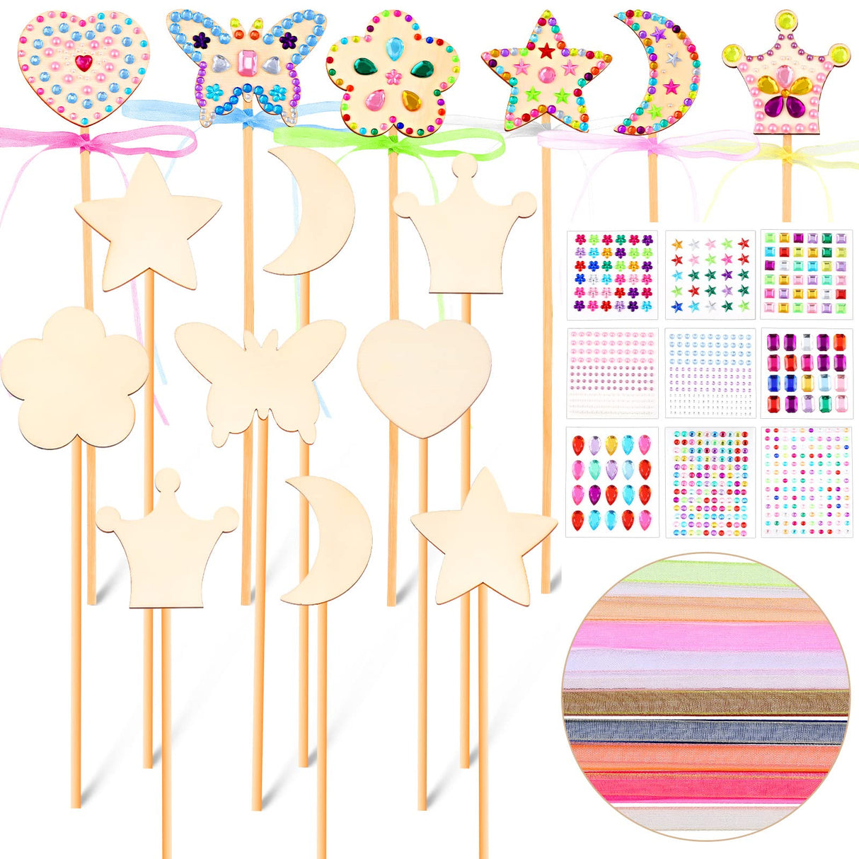 Chinco Princess Fairy Wands Kit Include Wooden Fairy Wands, Gem Stickers, Ribbons Unfinished Wooden DIY Magical Crafts Moon Butterfly Magical Crafts for Girls Make Your Own Princess(18 Sets) Chinco