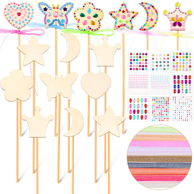 Chinco Princess Fairy Wands Kit Include Wooden Fairy Wands, Gem Stickers, Ribbons Unfinished Wooden DIY Magical Crafts Moon Butterfly Magical Crafts for Girls Make Your Own Princess(18 Sets)