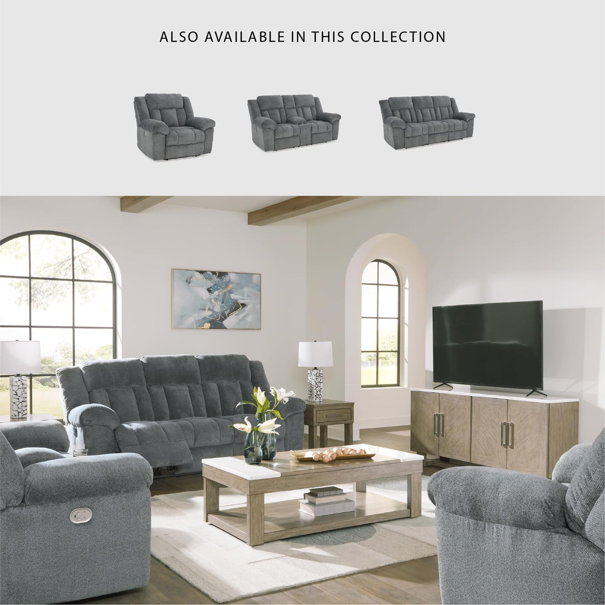 Signature Design by Ashley Tip-Off Modern Wall Hugger Power Reclining Sofa with Adjustable Headrest and USB Ports, Gray Signature Design by Ashley