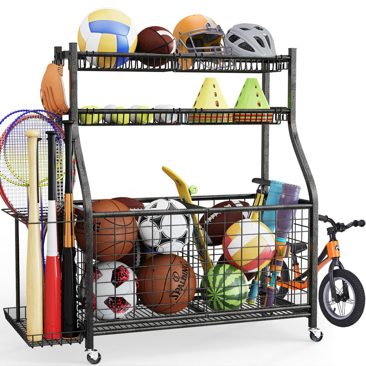 CaMecequter Garage Sports Equipment Organizer with 4 Baskets & 6 Hooks - Heavy Duty Freestanding Ball Storage for Basketball, Soccer & Outdoor Toys (Black) CaMecequter