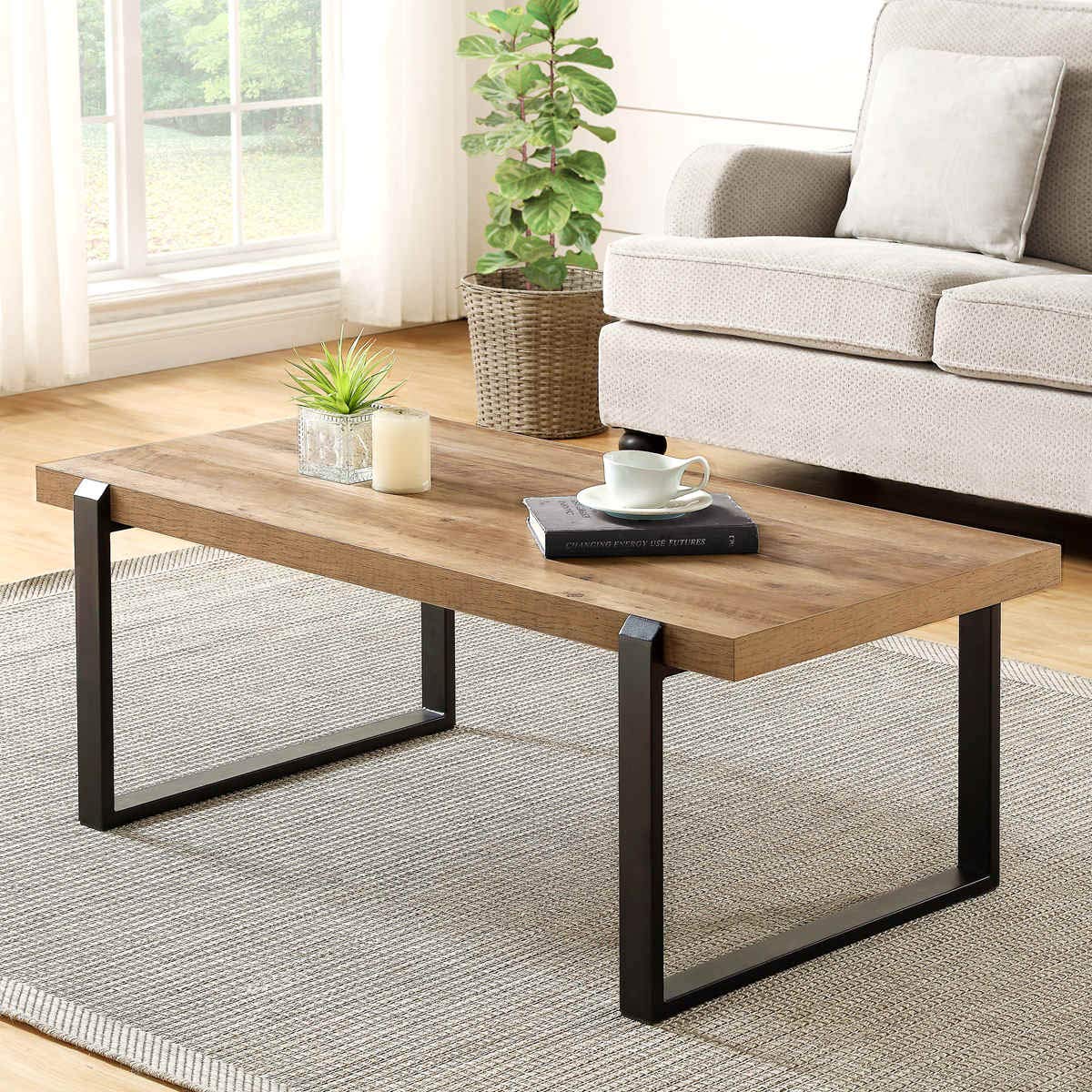 FOLUBAN Rustic Coffee Table,Wood and Metal Industrial Cocktail Table for Living Room, 47 Inch Oak FOLUBAN