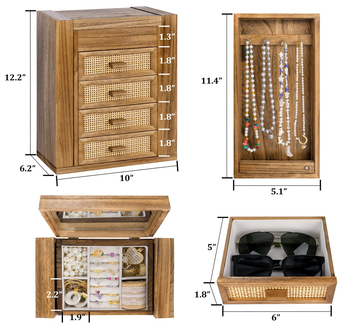 Jewelry Organizer, Rattan Jewelry Box, 5 Layer Wooden Jewelry Organizer Box with Mirror, Jewelry Boxes with 4 Drawers for Women Men, Jewelry Storage for Rings Earrings Necklaces Bracelets Watch Miss Rabbit