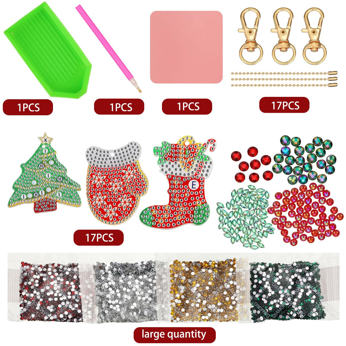 Yaomiao 17 Pieces Double Sided Diamond Art Christmas Ornaments Christmas Keychains Diamond Art Kit for Adult DIY 5d Painting Round Drill Key Chain Xmas Crystal Rhinestone Arts Craft Keychain Supplies Yaomiao
