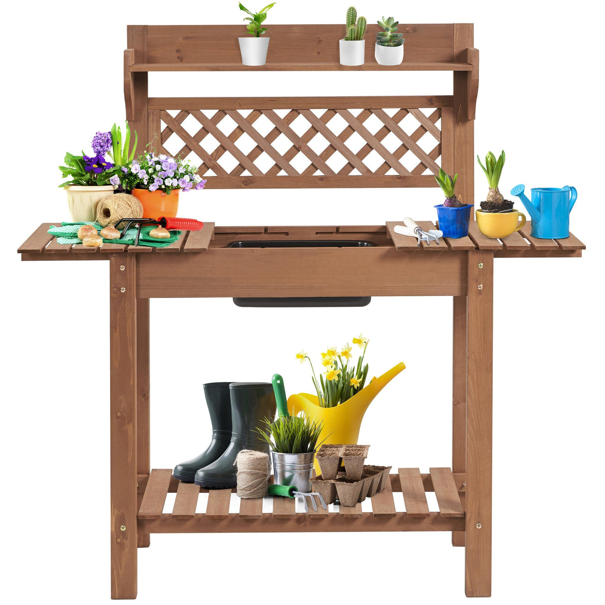 Yaheetech Potting Bench Table Outdoor Garden Horticulture Wooden Workstation Benches w/Sliding Tabletop/Removable Sink/Storage Shelf for Patio, Garden Furniture Wood Workstation,Brown Yaheetech