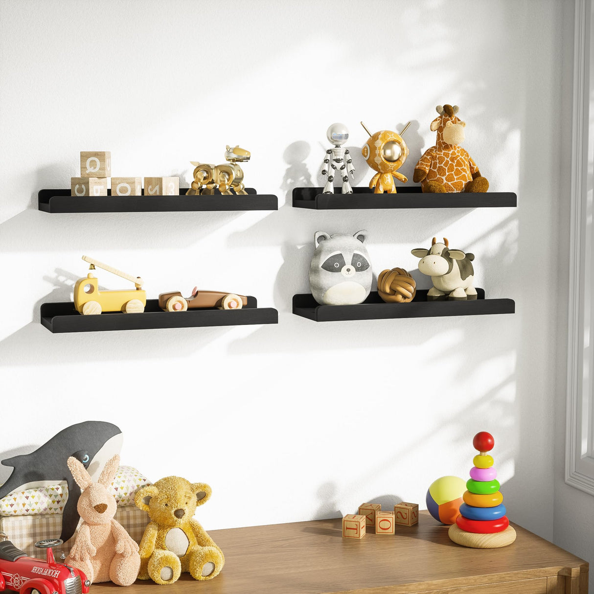 Love-KANKEI Black Floating Shelves for Wall Set of 4, Wood Wall Shelves with Lip,15.6 Inch Rustic Hanging Shelves for Bedroom Bathroom Living Room Kitchen Nursery Display Love-KANKEI