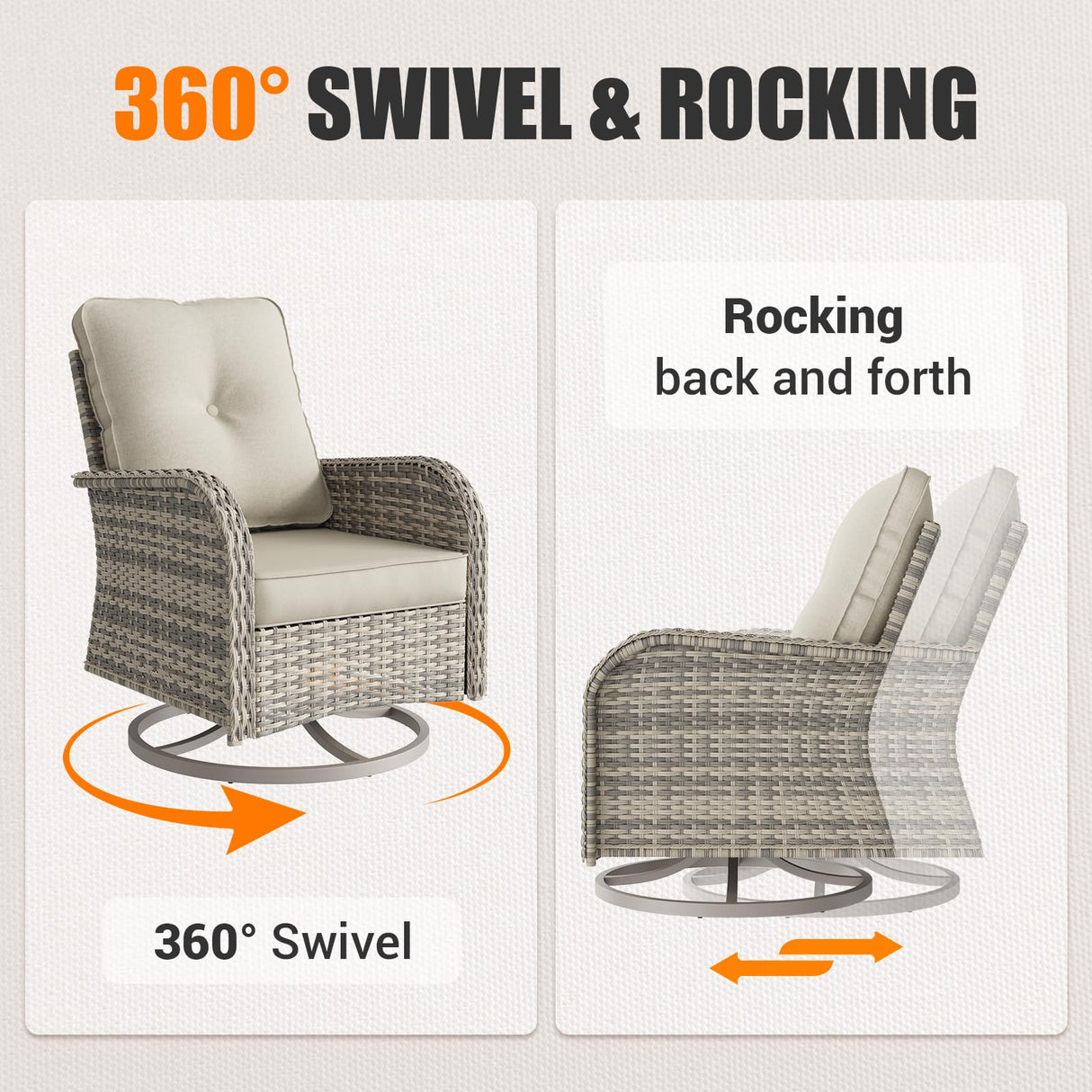 Muphyers 10-Piece Outdoor Patio Furniture Set with Rocking Swivel Chair, PE Wicker Rattan Sectional Sofa Patio Conversation Set with 55,000 BTU Fire Pit Table & Coffee Table, White Muphyers