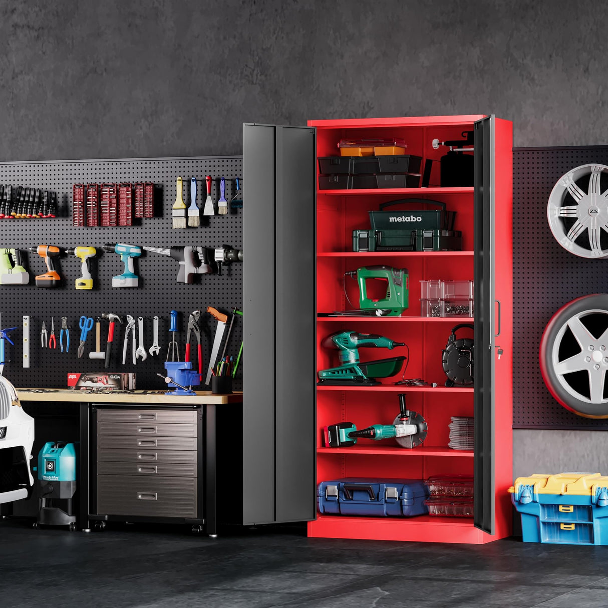 Garage Storage Cabinet with 5 Adjustable Shelves,Metal Storage Cabinet with Lock,Red Black Metal Cabinet with Locking Doors,Steel Cabinet,71" Lockable Storage Cabinet for Home,Office,Garage Cabinets SISESOL