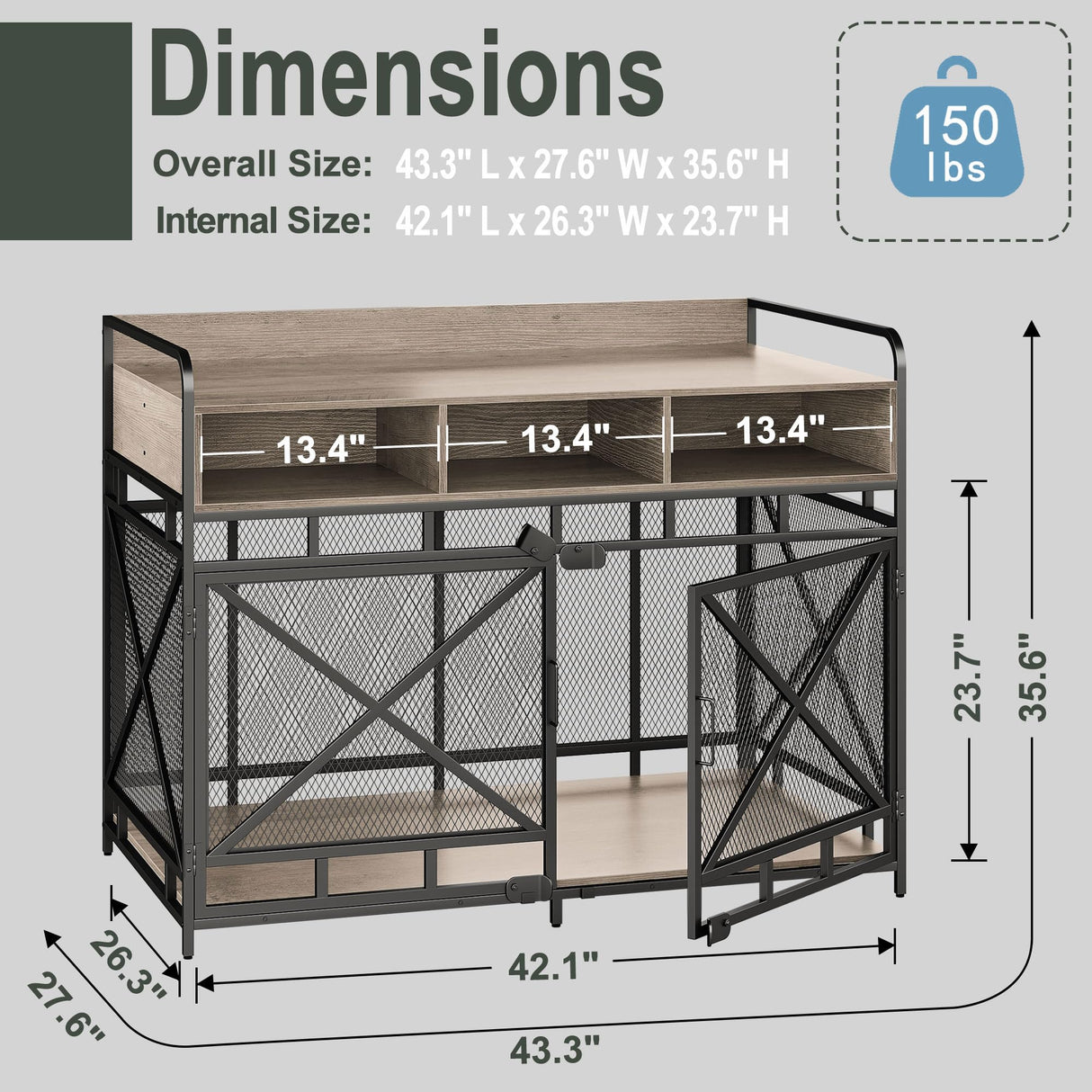 Fulhope Dog Crate Furniture,Wooden Dog Crate End Table,43 Inch Dog Kennel with Drawers,Heavy Duty Dog Crate,Decorative Pet Crate Dog Cage for Indoor 43.3" L x 27.6" W x 35.7" H (Grey) Fulhope