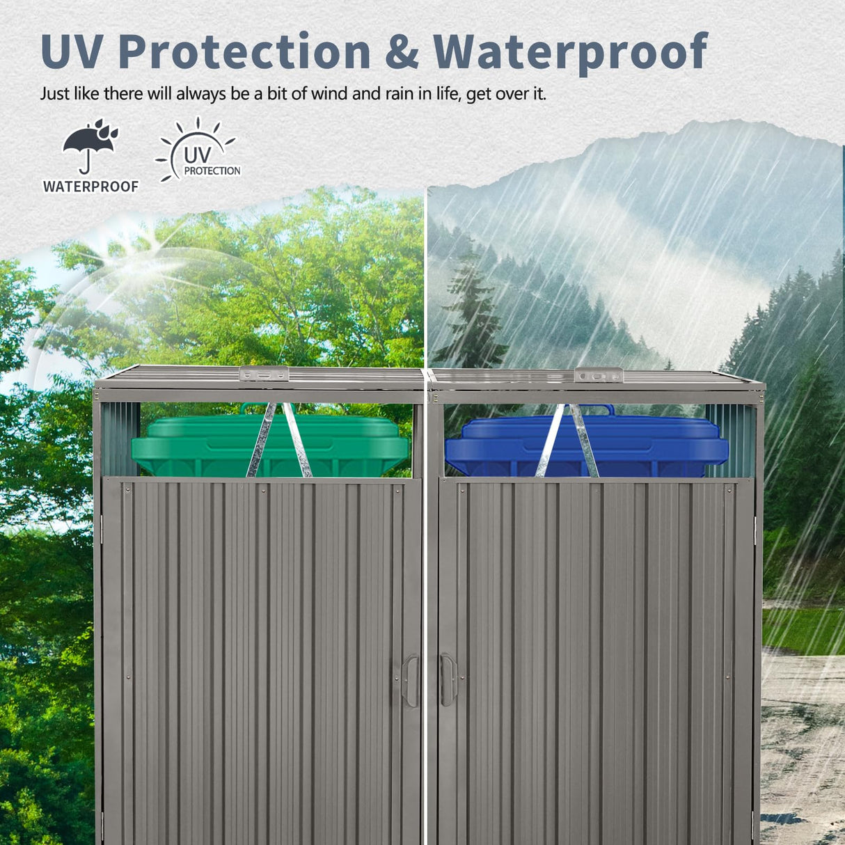 Outdoor Trash Can Storage, Storage Shed for 2 Trash cans and Tools,Waterproof Garbage Bin shed,Metal Trash Can Storage Shed Outdoor for Garden Yard(Light Grey-2 Doors) IMagacFun