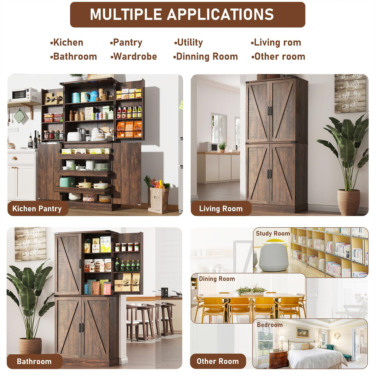 Hlivelood Farmhouse Kitchen Pantry Cabinet with 3 Drawers,71" Tall Rustic Wood Storage Cabinet with 6 Door Shelves,with Load-Bearing Steel Pipe,Pantry Organizers for Kitchen,Dining Room(Brown) Hlivelood