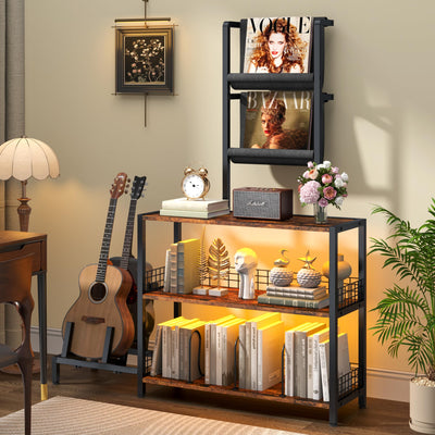 kepptory Display Shelf Bookshelf with RGB Lighting, Wooden Curio Cabinet Floor Lamp with Shelves, Vinyl Holder and Adjustable Stand, Record Player Stand Bookcase for Living Room Bedroom Décor (Brown)