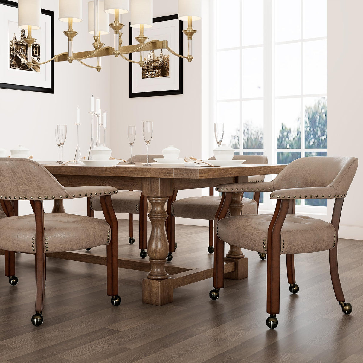 LEEMTORIG Dining Chairs with Casters and Arms, Rolling Dining Chairs with Wheels, Solid Wood Office Desk Chairs, 26“Dx25.2 Wx31.5“H, Cherry Legs & Yellowish Brown Fabric SY-1533-LT LEEMTORIG