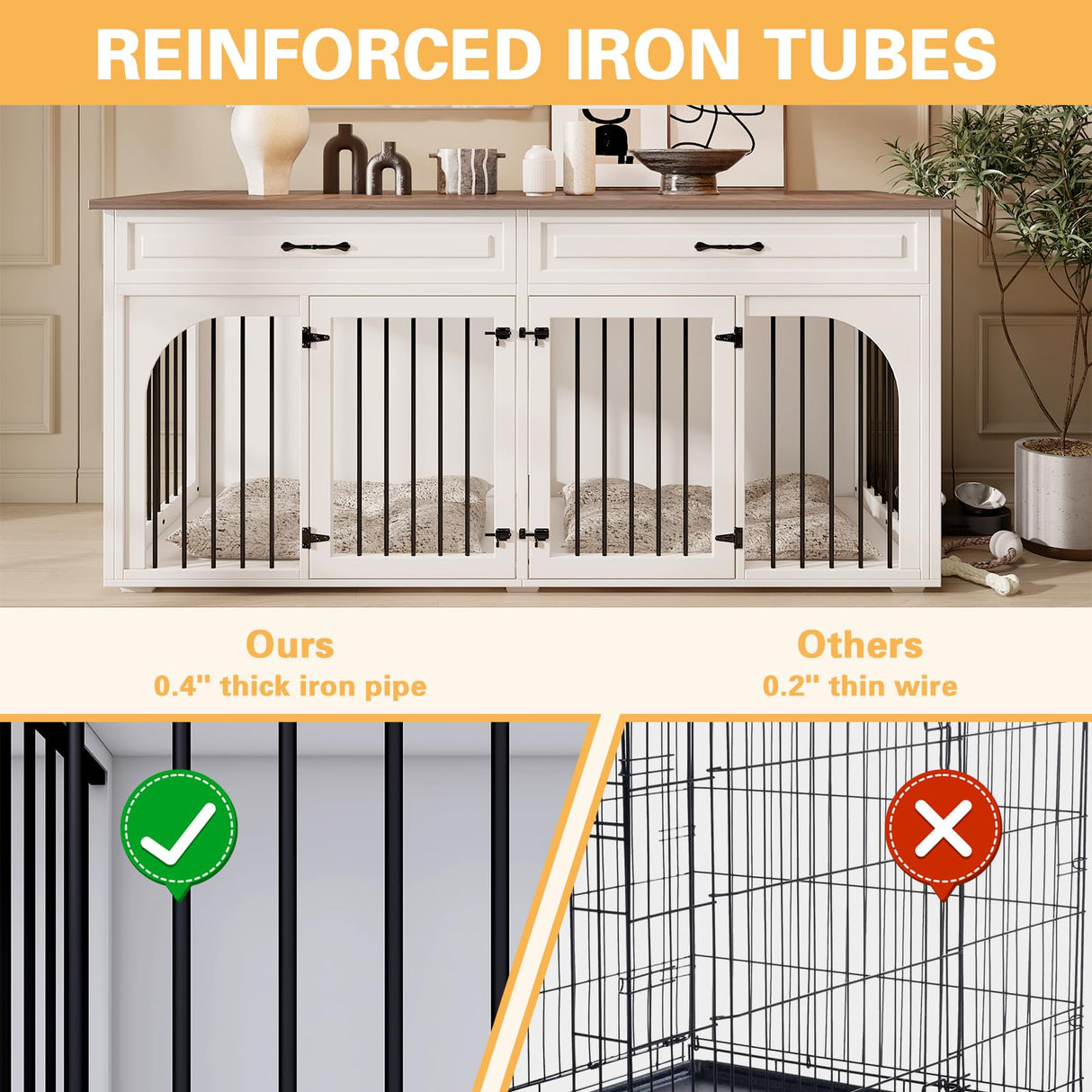 EBE Dog Crate Furniture, 74.8''Wooden Dog Crate with 2 Drawers and Removable Divider, Dog Kennel Indoor Furniture with Double Rooms, Heavy Duty Dog Crate Table Indoor TV Stand for Large Medium Dogs EBE