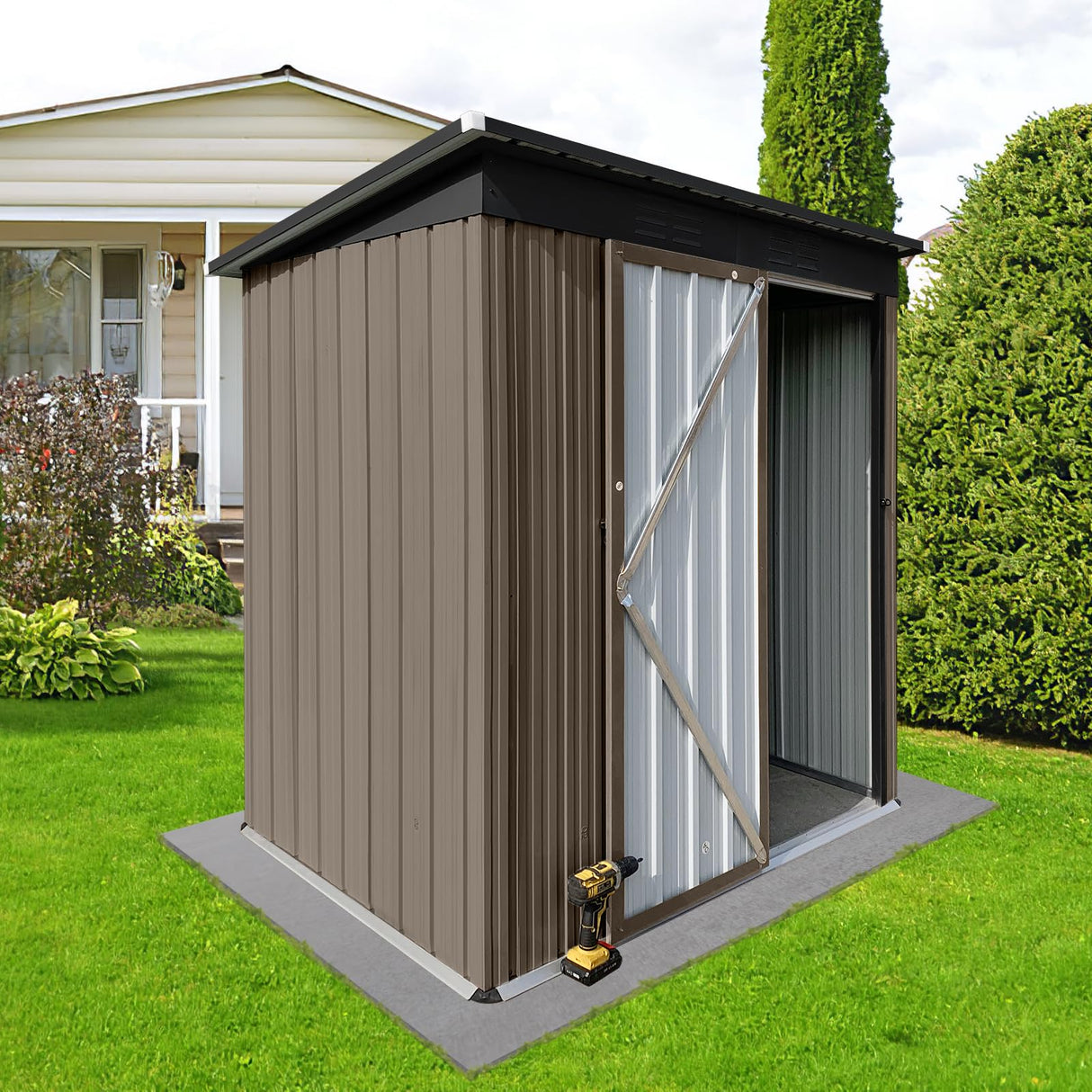 Metal Outdoor Storage Shed 5 x 4 FT, Steel Utility Tool Shed Storage House with Sloping Roof and Lockable Door, Waterproof Garden Storage Tool Shed for Backyard Patio Lawn (Brown, 5X4 FT) Anwick