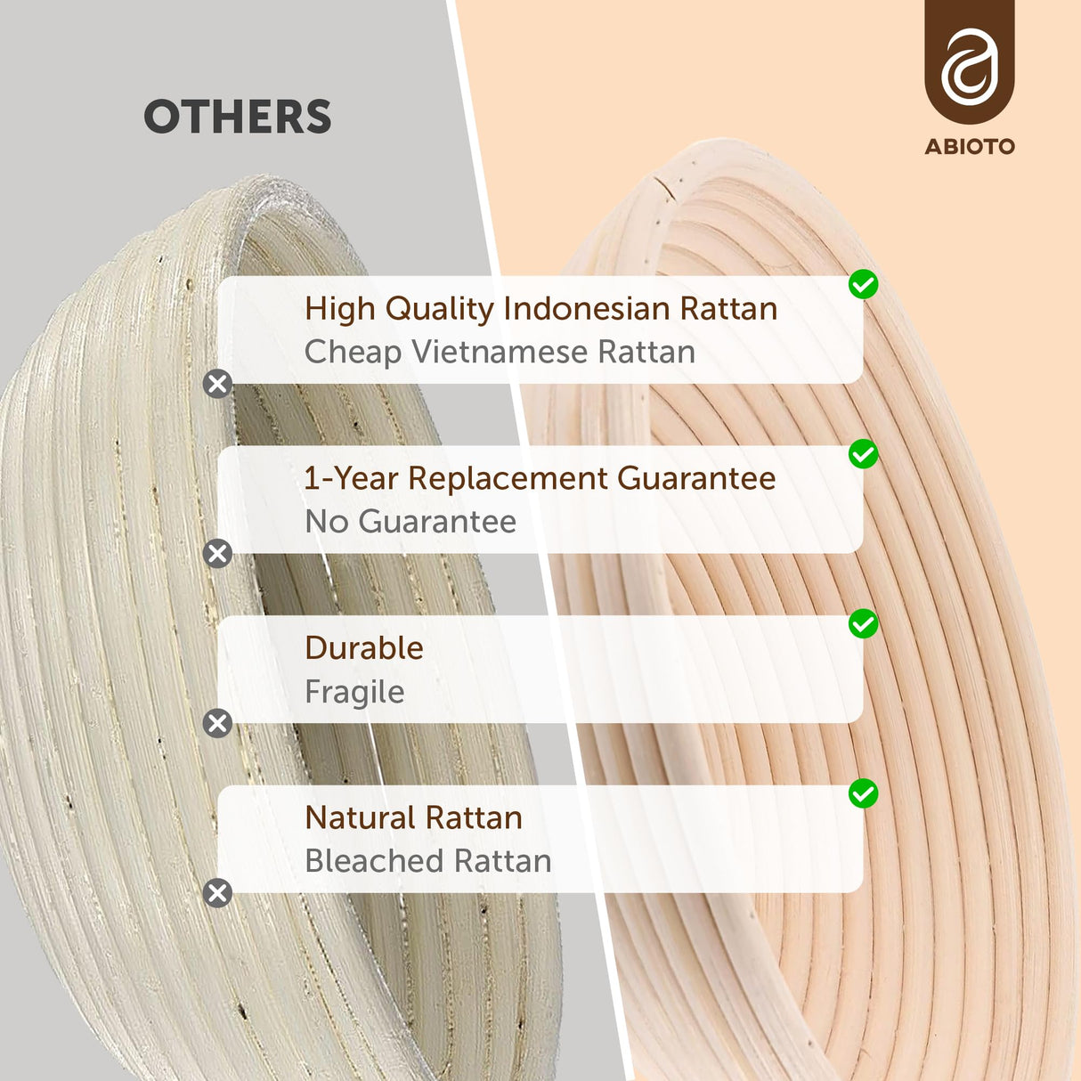ABIOTO Bread Proofing Baskets for Sourdough Bread Baking - Set of 2 9" Round Banneton Baskets with Liners, Made of Finest Indonesian Rattan - Bake Perfect Artisan Bread Loaves at Home Like a Pro ABIOTO