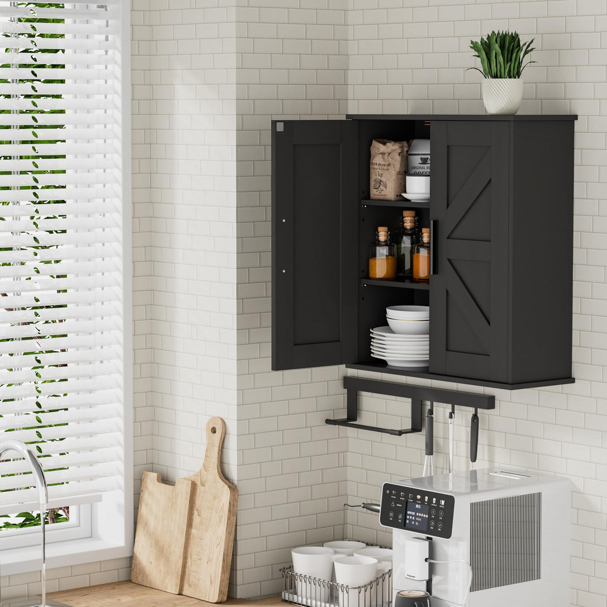 Homleke Bathroom Wall Cabinet, Over Toilet Storage Cabinet with Barn Doors and Adjustable Shelves, 3-Tier Medicine Cabinet Wall Mounted, for Bathroom, Kitchen, Entryway, Laundry Room, Black, (7.9" D) Homleke