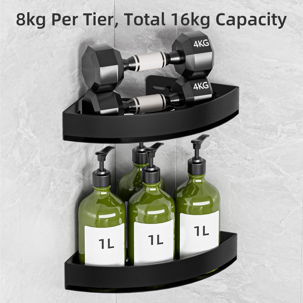 Wisfame Black Corner Shower Caddy - Rustproof Aluminium Triangle Shower Shelf - No Drill & Drill Installation - 2 Bathroom Shelves Wall Mounted (20LB Capacity/Tier) Wisfame