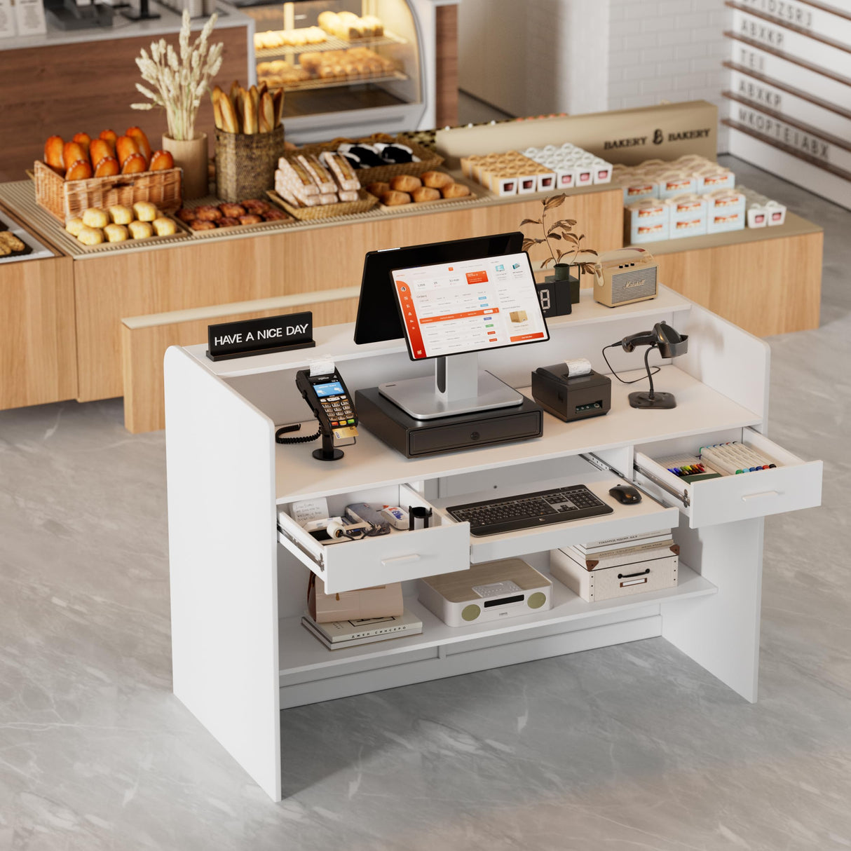 PAKASEPT Reception Desk with Counter for Retail & Checkout,Modern Front Reception Counter with LED Lights,Drawers & Open Shelves,Retail Counter with Storage for Countertop,Beauty Salon,Shop,Bar,White PAKASEPT