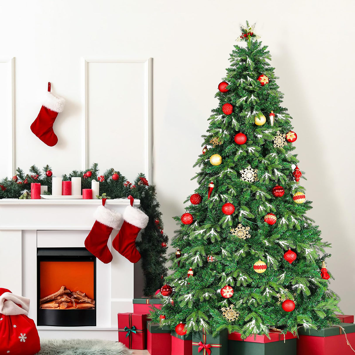 Arlopu 8ft PE&PVC Prelit Christmas Tree, Artificial Spruce Tree with 400 Warm White Lights, 1312 Branch Tips, Ice Crystal, Metal Hinges and Foldable Stand for Home,Party,Store,Holiday, Decor Arlopu