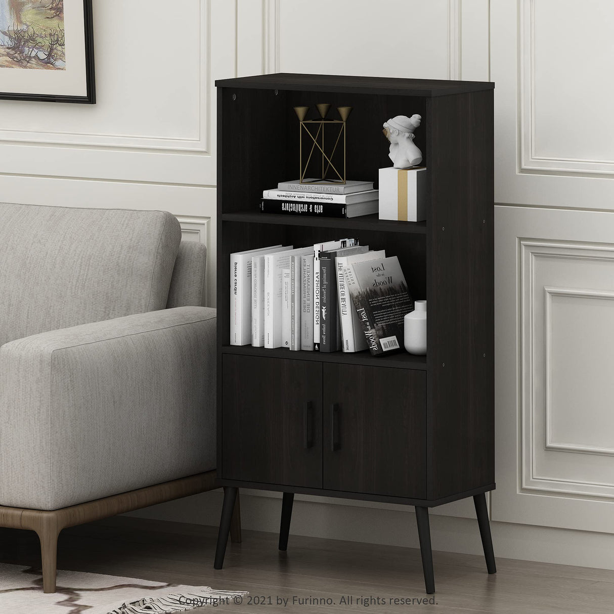 Furinno Claude Mid Century Style Accent Wooden Leg Bookcase Cabinet with Storage Organizer Shelves, Espresso Furinno