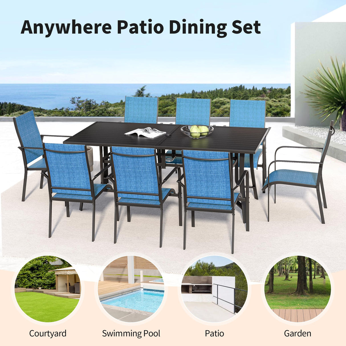 BUPPLEE 9-Piece Outdoor Patio Dining Set with 8 Stackable Dining Chairs, Metal Table with Umbrella Hole, 8-Person Patio Table and Chairs for Backyard, Poolside, Balcony and Garden Blue BUPPLEE