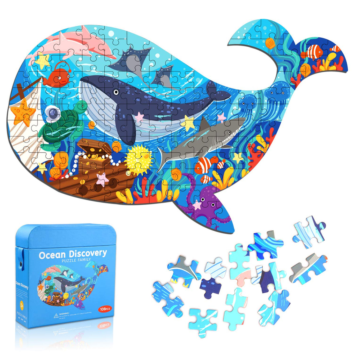 Jigsaw Puzzles for Kids Ages 4-8, 108 Pieces Whale Shaped Cardboard Puzzles for Animal Lovers, Sturdy Floor Puzzles Box and Poster, Educational Toys Gift for Boys Girls, 23.38 x 14.72 Inch AivaToba