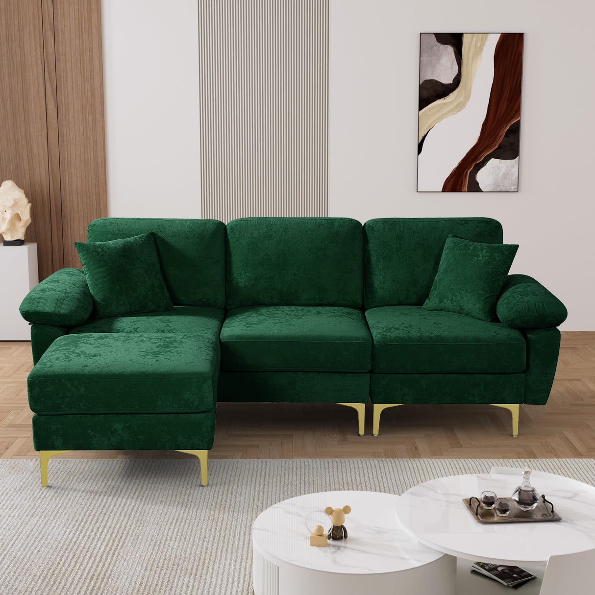OUYESSIR L Shaped Sectional Sofa Couch, 3 Seat Velvet Sofa with Ottoman and Pillows, Upholstered Comfy Couch Sleeper for Living Room, Bedroom, 91 inches (Green) OUYESSIR