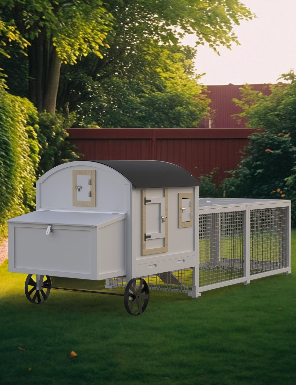 VerisShade Chicken Coop, Wooden Chicken Coop for 3-5 Chickens, 106in Outdoor Chicken Coop with Run, Waterproof Roof, Nesting Box, Pull Out Trays and Ramp, White Carriage VerisShade