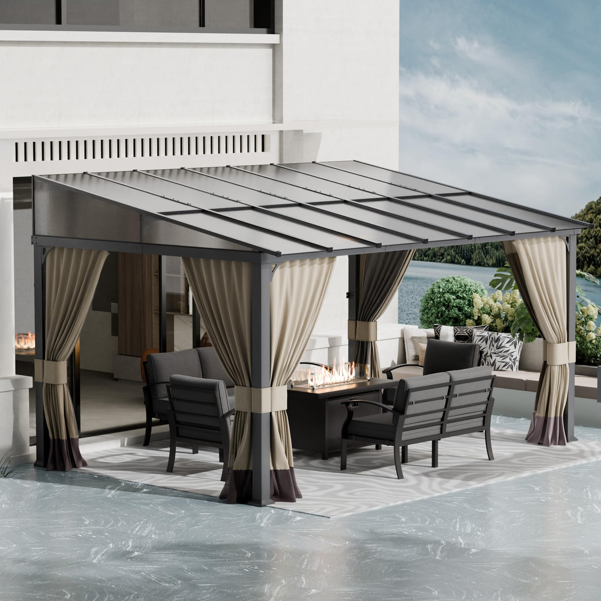 ASJMR 10x14FT Gazebo, Hardtop Wall Mounted Gazebo with Sloping Sun Panel Roof, Awnings for Patio with Metal Frame, Double Curtains for Garden, Lawn, Backyard Deck, Sand ASJMR