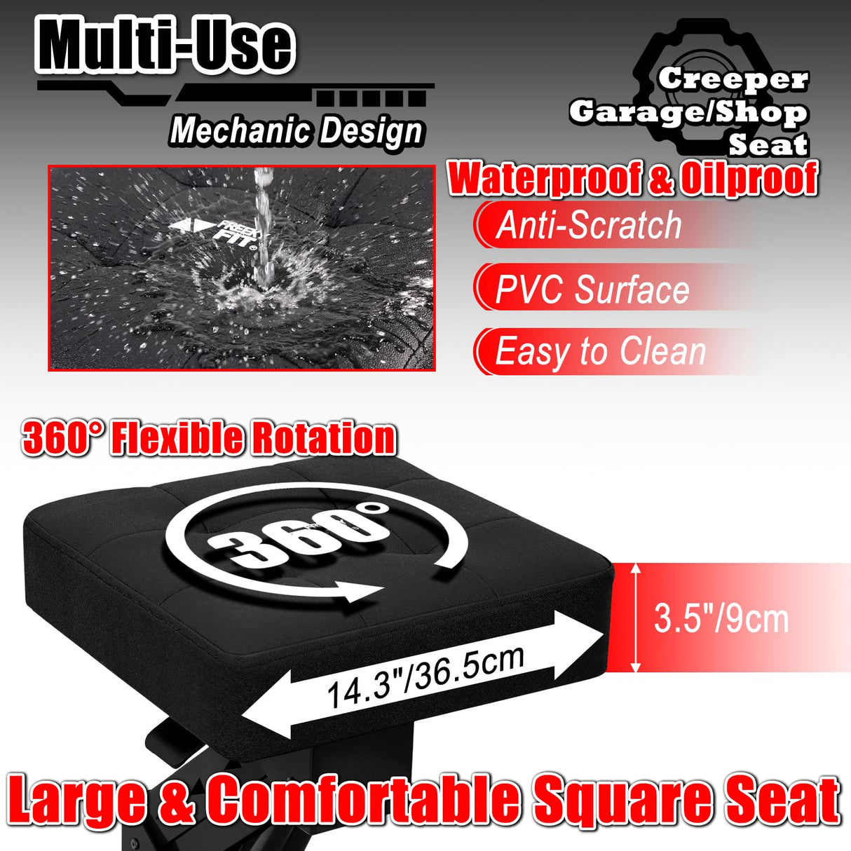 FreekyFit Mechanic Stool with Wheels, Hydraulic Adjustable Shop Stool on Wheels, Garage Work Rolling Stool Chair for Workshop, 400 LBS Capacity, 4 Inch Casters, 360° Swivel Padded Seat, Black FreekyFit