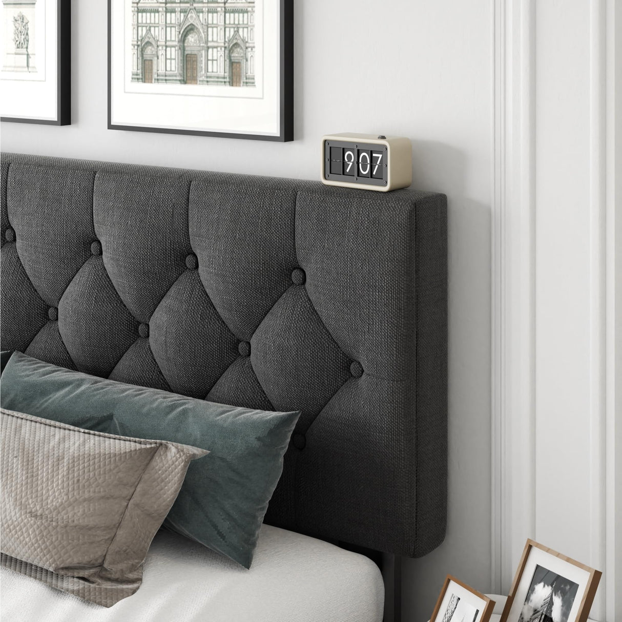 CXVX Twin Size Platform Bed Frame with Upholstered Headboard, Button Tufted Design, Strong Wooden Slats, No Box Spring Needed, Easy Assembly, Noise Free CXVX