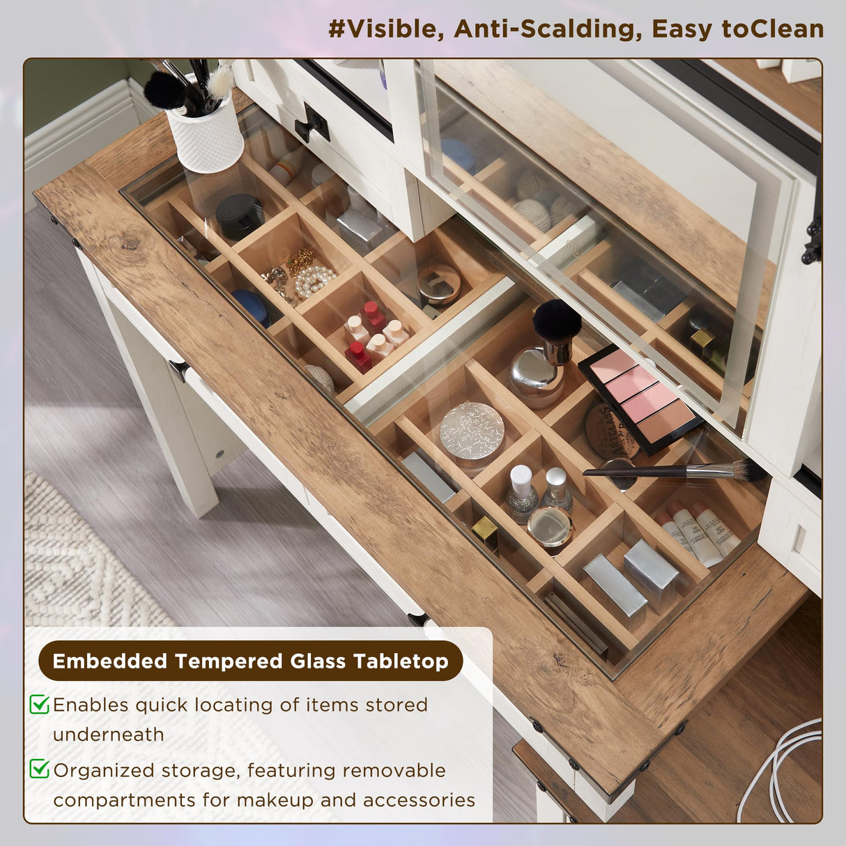 T4TREAM 48'' Farmhouse Makeup Vanity Desk with Sliding HD Mirror and Lights, Big Modern Lighted Vanity Table with 7 Drawers & Shelves, Rustic Large Dressing Table, Antique White T4TREAM